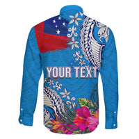 Personalised Samoa Coat Of Arms Family Matching Long Sleeve Bodycon Dress and Hawaiian Shirt Tropical Flower Blue Polynesian Pattern LT03 - Polynesian Pride