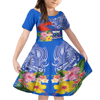 Personalised Samoa Coat Of Arms Family Matching Off Shoulder Maxi Dress and Hawaiian Shirt Hibiscus Polynesian Tattoo Pattern LT03 Daughter's Dress Blue - Polynesian Pride
