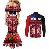 Samoa Flag Day Couples Matching Mermaid Dress and Long Sleeve Button Shirt Siapo Pattern and Ula Fala LT03 - Polynesian Pride