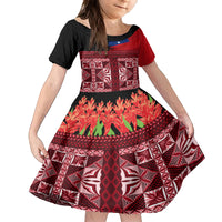 Samoa Flag Day Family Matching Off Shoulder Short Dress and Hawaiian Shirt Siapo Pattern and Ula Fala LT03 Daughter's Dress Red - Polynesian Pride