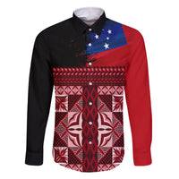 Samoa Flag Day Family Matching Tank Maxi Dress and Hawaiian Shirt Siapo Pattern and Ula Fala LT03 Dad's Shirt - Long Sleeve Red - Polynesian Pride