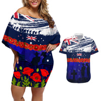New Zealand and Australia ANZAC Day Couples Matching Off Shoulder Short Dress and Hawaiian Shirt Lest We Forget Red Poppy Flowers and Soldier LT03 Blue - Polynesian Pride