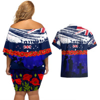New Zealand and Australia ANZAC Day Couples Matching Off Shoulder Short Dress and Hawaiian Shirt Lest We Forget Red Poppy Flowers and Soldier LT03 - Polynesian Pride