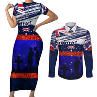 New Zealand and Australia ANZAC Day Couples Matching Short Sleeve Bodycon Dress and Long Sleeve Button Shirt Lest We Forget Red Poppy Flowers and Soldier LT03 Blue - Polynesian Pride