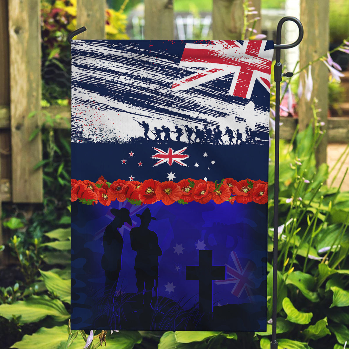 New Zealand and Australia ANZAC Day Garden Flag Lest We Forget Red Poppy Flowers and Soldier LT03 Garden Flag Blue - Polynesian Pride