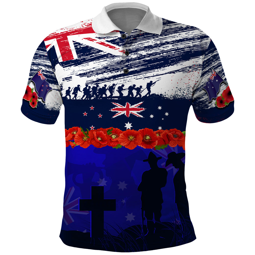New Zealand and Australia ANZAC Day Polo Shirt Lest We Forget Red Poppy Flowers and Soldier LT03 Blue - Polynesian Pride