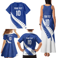 Custom New Zealand Cricket Family Matching Tank Maxi Dress and Hawaiian Shirt Kiwi Birds Haka Dance Blue Fern Sporty Style