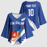 Custom New Zealand Cricket Kimono Sleeve Blouse Kiwi Birds Haka Dance Blue Fern Sporty Style