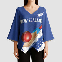 Custom New Zealand Cricket Kimono Sleeve Blouse Kiwi Birds Haka Dance Blue Fern Sporty Style