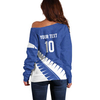 Custom New Zealand Cricket Off Shoulder Sweater Kiwi Birds Haka Dance Blue Fern Sporty Style