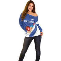 Custom New Zealand Cricket Off Shoulder Sweater Kiwi Birds Haka Dance Blue Fern Sporty Style