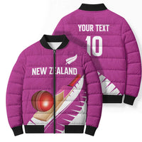 Custom New Zealand Cricket Bomber Puffer Jacket Kiwi Birds Haka Dance Pink Fern Sporty Style