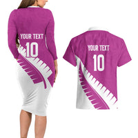 Custom New Zealand Cricket Couples Matching Long Sleeve Bodycon Dress and Hawaiian Shirt Kiwi Birds Haka Dance Pink Fern Sporty Style