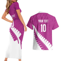 Custom New Zealand Cricket Couples Matching Short Sleeve Bodycon Dress and Hawaiian Shirt Kiwi Birds Haka Dance Pink Fern Sporty Style