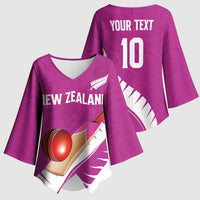 Custom New Zealand Cricket Kimono Sleeve Blouse Kiwi Birds Haka Dance Pink Fern Sporty Style