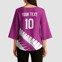 Custom New Zealand Cricket Kimono Sleeve Blouse Kiwi Birds Haka Dance Pink Fern Sporty Style