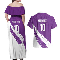 Custom New Zealand Cricket Couples Matching Off Shoulder Maxi Dress and Hawaiian Shirt Kiwi Birds Haka Dance Purple Fern Sporty Style