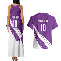 Custom New Zealand Cricket Couples Matching Tank Maxi Dress and Hawaiian Shirt Kiwi Birds Haka Dance Purple Fern Sporty Style