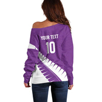 Custom New Zealand Cricket Off Shoulder Sweater Kiwi Birds Haka Dance Purple Fern Sporty Style