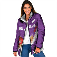 Custom New Zealand Cricket Padded Jacket Kiwi Birds Haka Dance Purple Fern Sporty Style