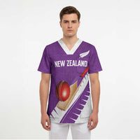 Custom New Zealand Cricket Scrub Top Kiwi Birds Haka Dance Purple Fern Sporty Style