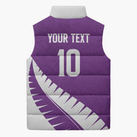 Custom New Zealand Cricket Sleeveless Puffer Jacket Kiwi Birds Haka Dance Purple Fern Sporty Style