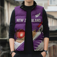 Custom New Zealand Cricket Sleeveless Puffer Jacket Kiwi Birds Haka Dance Purple Fern Sporty Style