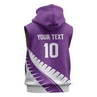 Custom New Zealand Cricket Sleeveless Zip Hoodie Kiwi Birds Haka Dance Purple Fern Sporty Style