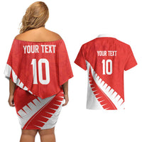 Custom New Zealand Cricket Couples Matching Off Shoulder Short Dress and Hawaiian Shirt Kiwi Birds Haka Dance Red Fern Sporty Style