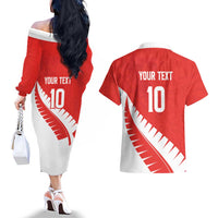 Custom New Zealand Cricket Couples Matching Off The Shoulder Long Sleeve Dress and Hawaiian Shirt Kiwi Birds Haka Dance Red Fern Sporty Style