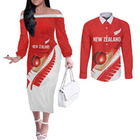 Custom New Zealand Cricket Couples Matching Off The Shoulder Long Sleeve Dress and Long Sleeve Button Shirt Kiwi Birds Haka Dance Red Fern Sporty Style