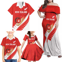 Custom New Zealand Cricket Family Matching Off Shoulder Maxi Dress and Hawaiian Shirt Kiwi Birds Haka Dance Red Fern Sporty Style