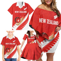 Custom New Zealand Cricket Family Matching Off Shoulder Short Dress and Hawaiian Shirt Kiwi Birds Haka Dance Red Fern Sporty Style