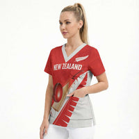 Custom New Zealand Cricket Scrub Top Kiwi Birds Haka Dance Red Fern Sporty Style
