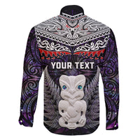 New Zealand Hei Tiki Family Matching Off Shoulder Long Sleeve Dress and Hawaiian Shirt Maori Purple Papua Shell Pattern LT03 - Polynesian Pride