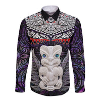 New Zealand Hei Tiki Long Sleeve Button Shirt Maori Purple Papua Shell Pattern LT03 Unisex Purple - Polynesian Pride
