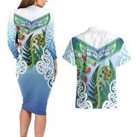 Aotearoa New Zealand Natural Plants Couples Matching Long Sleeve Bodycon Dress and Hawaiian Shirt Pohutukawa with Silver Ferns Koru Frond Maori Tattoos