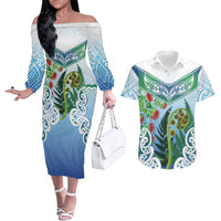 Aotearoa New Zealand Natural Plants Couples Matching Off The Shoulder Long Sleeve Dress and Hawaiian Shirt Pohutukawa with Silver Ferns Koru Frond Maori Tattoos