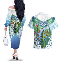 Aotearoa New Zealand Natural Plants Couples Matching Off The Shoulder Long Sleeve Dress and Hawaiian Shirt Pohutukawa with Silver Ferns Koru Frond Maori Tattoos