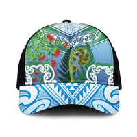 Aotearoa New Zealand Natural Plants Mesh Trucker Cap Pohutukawa with Silver Ferns Koru Frond Maori Tattoos