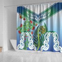 Aotearoa New Zealand Natural Plants Shower Curtain Pohutukawa with Silver Ferns Koru Frond Maori Tattoos