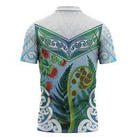 Aotearoa New Zealand Natural Plants Zipper Polo Shirt Pohutukawa with Silver Ferns Koru Frond Maori Tattoos