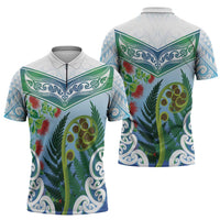 Aotearoa New Zealand Natural Plants Zipper Polo Shirt Pohutukawa with Silver Ferns Koru Frond Maori Tattoos
