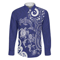 New Zealand Sea Animals with Maori Tribal Tattoo Family Matching Short Sleeve Bodycon Dress and Hawaiian Shirt Blue Color LT03 Dad's Shirt - Long Sleeve Blue - Polynesian Pride