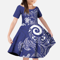 New Zealand Sea Animals with Maori Tribal Tattoo Kid Short Sleeve Dress Blue Color LT03 KID Blue - Polynesian Pride