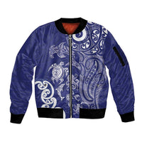 New Zealand Sea Animals with Maori Tribal Tattoo Sleeve Zip Bomber Jacket Blue Color