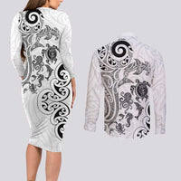 New Zealand Sea Animals with Maori Tribal Tattoo Couples Matching Long Sleeve Bodycon Dress and Long Sleeve Button Shirt White Color