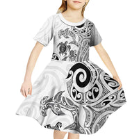 New Zealand Sea Animals with Maori Tribal Tattoo Kid Short Sleeve Dress White Color
