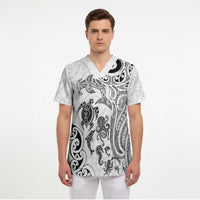 New Zealand Sea Animals with Maori Tribal Tattoo Scrub Top White Color