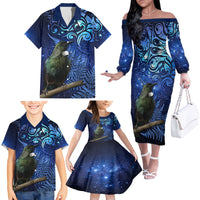 New Zealand Tui Bird Matariki Family Matching Off The Shoulder Long Sleeve Dress and Hawaiian Shirt Maori New Year with Galaxy Fern